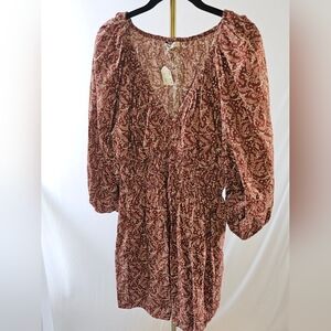 Madewell Puff-Sleeve V-Neck Mini Dress in Paisley Floral Amira Rusted Red
